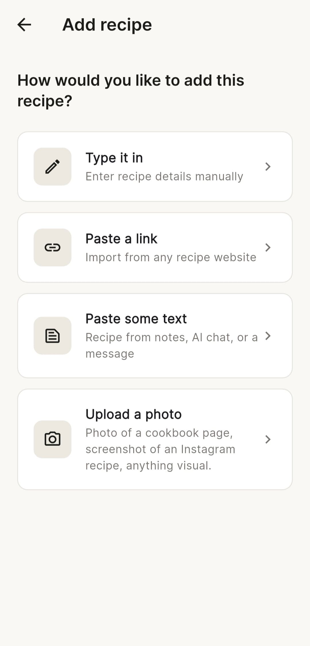 Crumbs recipe library showing options to add a recipe