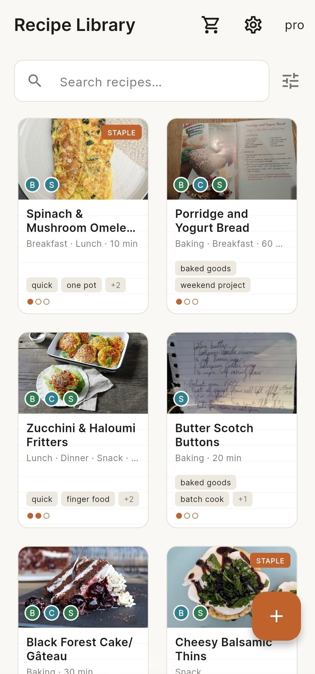 Crumbs recipe library showing a populated collection of recipes