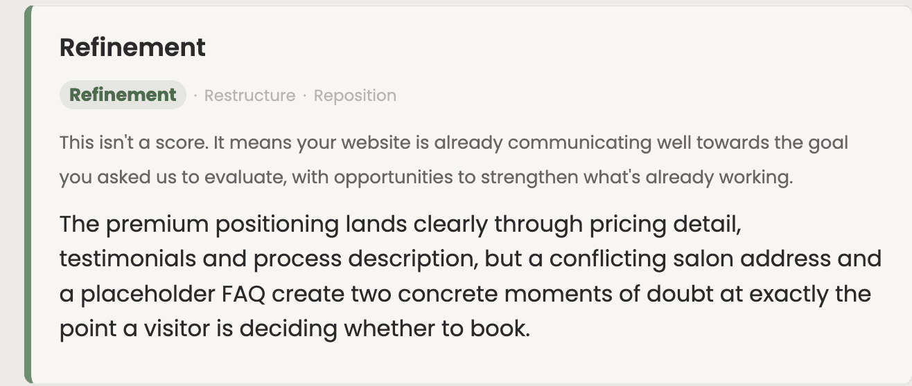 SiteSpruce V2 report excerpt: the Refinement overall assessment for Salonix